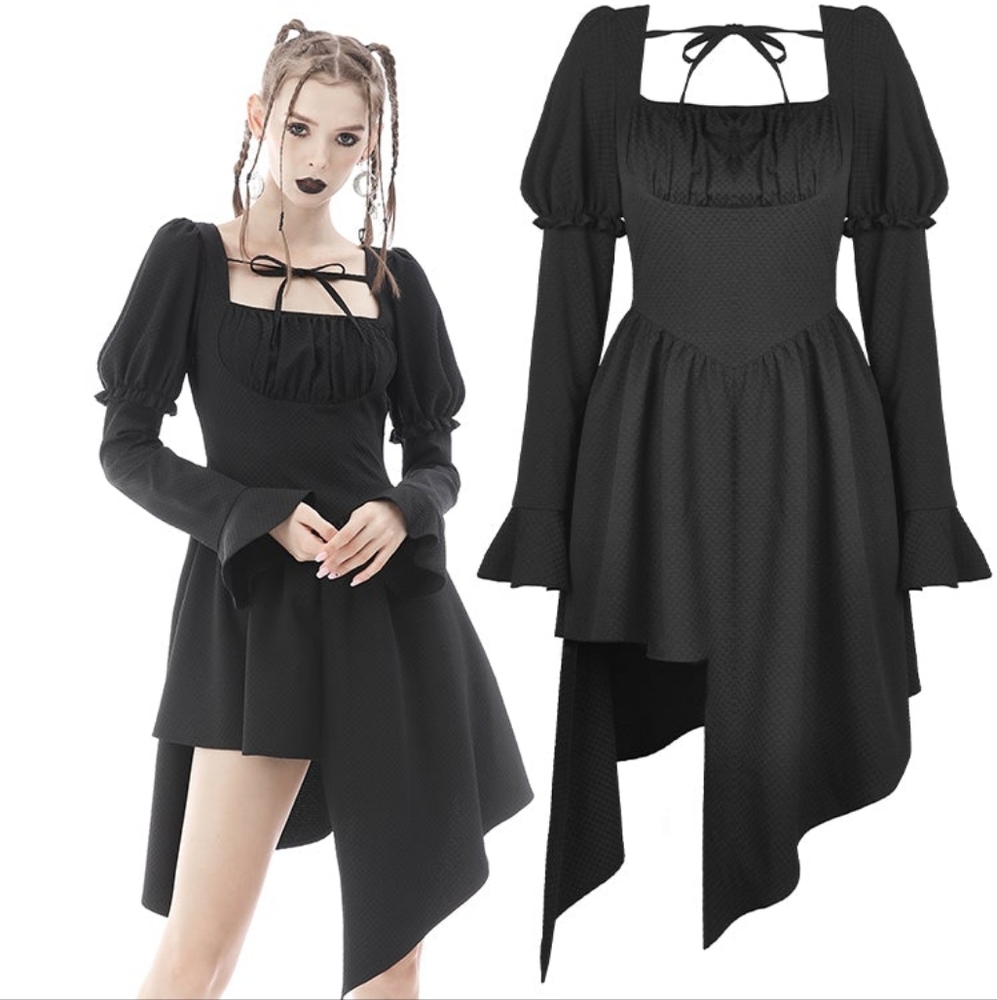 NWT Dark In Love Black Midi Fit and Flare Asym Dress with Long Bishop Sleeves XL